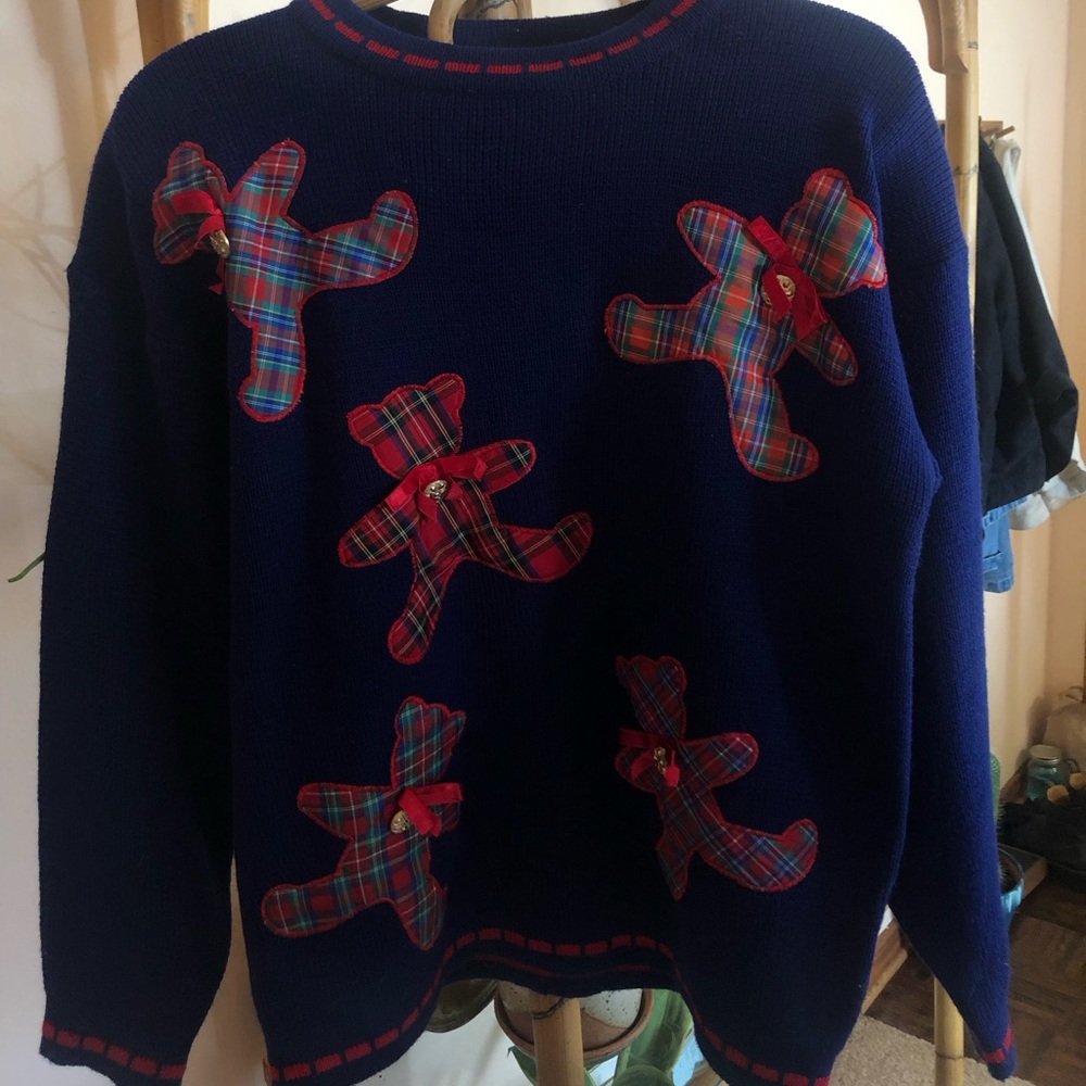 Vintage Pinwheels Blue & Red Bear Sweatshirt with Ribbons